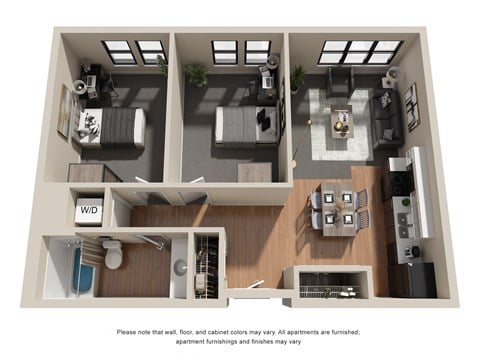 Floor plan for 2 beds, 1 bath, 725 sqft